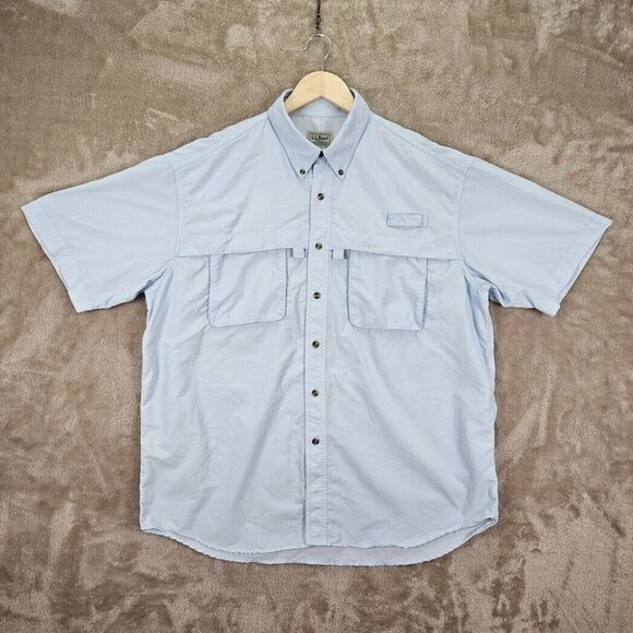 LL Bean Vented Shirt Button-Down Men's Size L Blue Pockets Fishing Short Sleeve - Picture 1 of 10